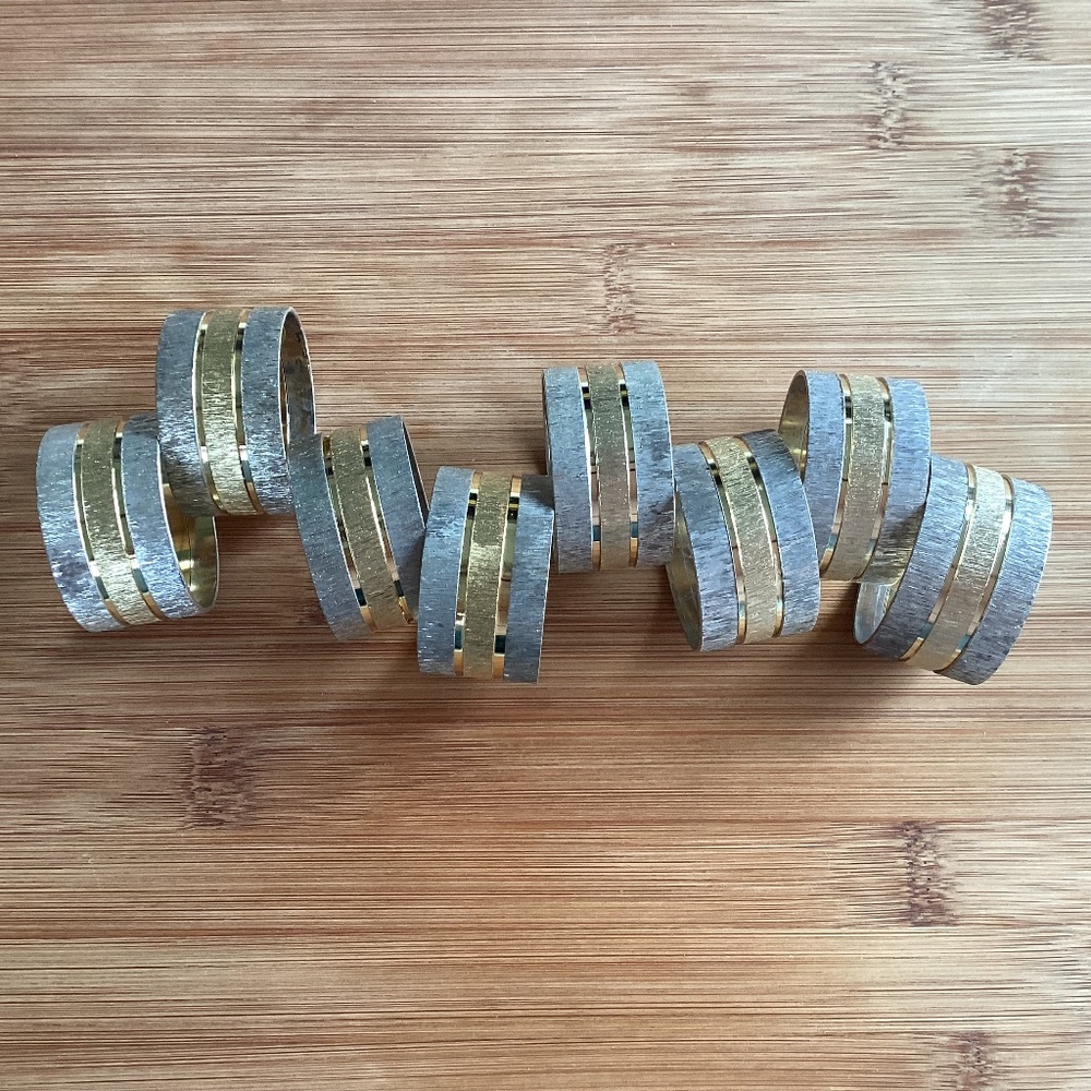 Vtg MCM Silver Plated Two Tone Napkin Rings Polished Brass Set of 8 Hong Kong